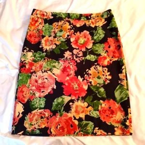 Talbots Pencil Skirt Black Pink Watercolor Floral Stretch Cotton Sz 10